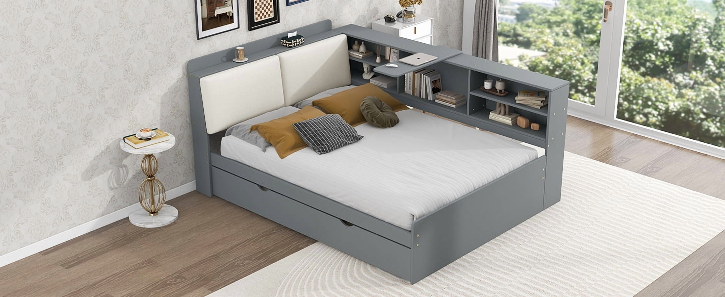 MAYEERTY Wood Full Size platform bed with Trundle, Shelves and Storage Headboard, Gray