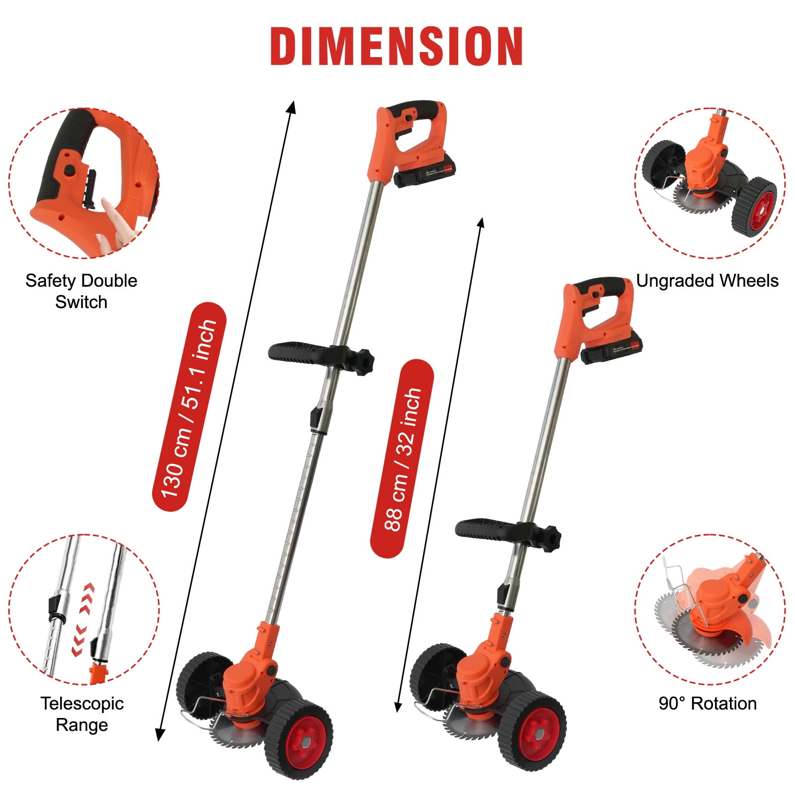 Ergonomic Multi-Angle Weed Trimmer, Orange 21V Dual Lithium Battery Grass Cutter, Safe Low Vibration Lawn Trimmer for Home Gardening Work