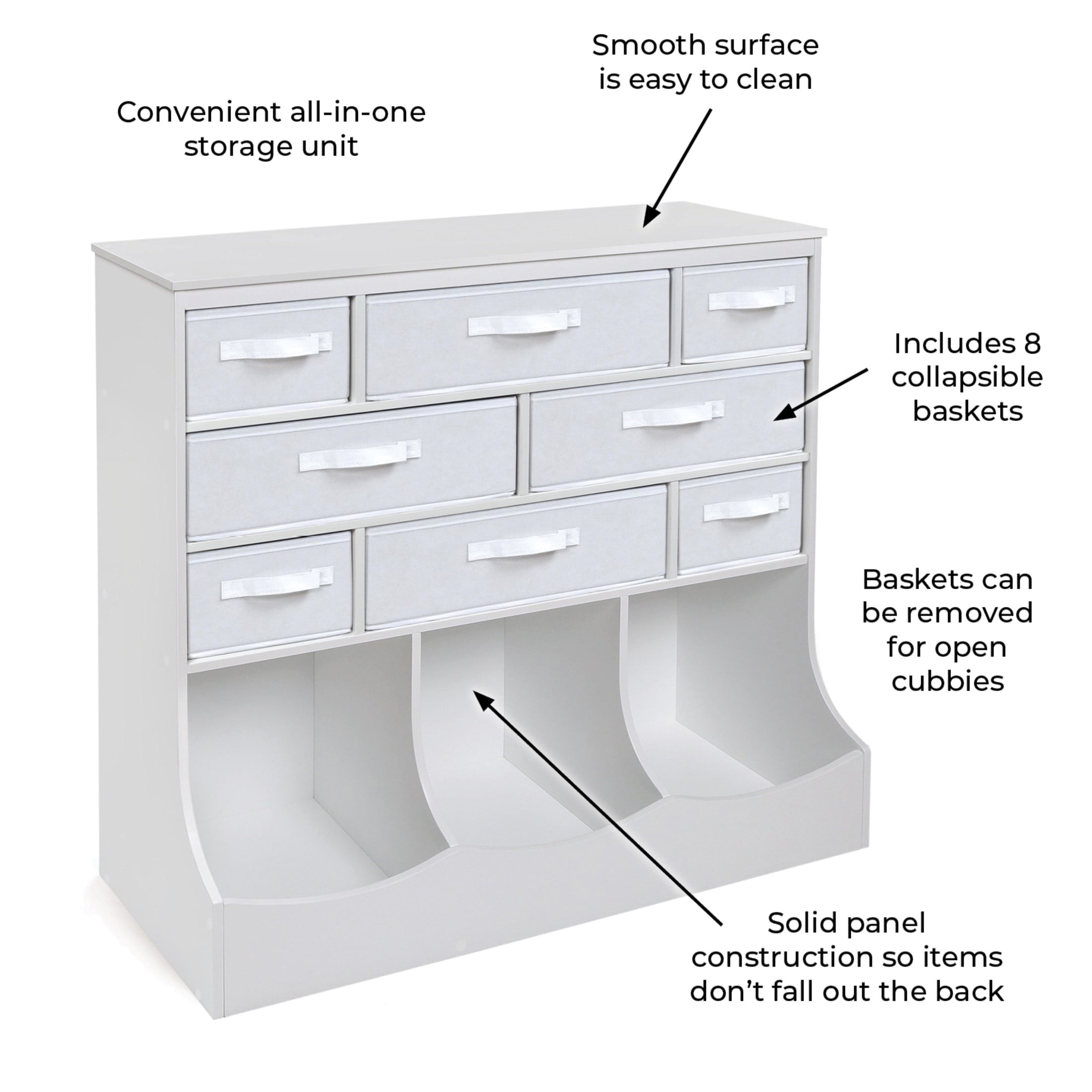 Badger Basket Children's Wooden Storage Station with Eight Baskets 51 gal Toy Storage Cube, White