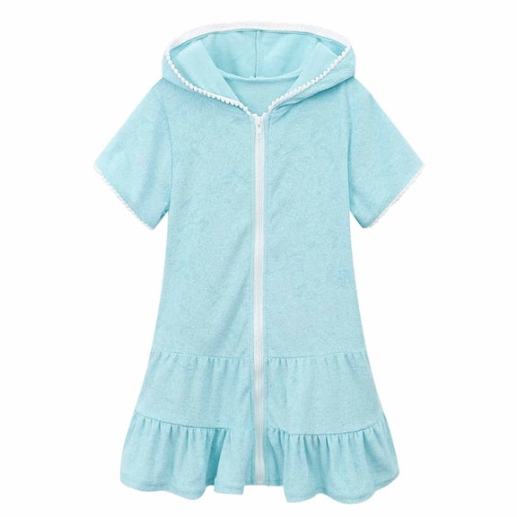 Grblisyd Girls Swim Cover Up Solid Color Hooded Zip-Up Terry Swimsuit Ruffle Bathing Suit Kids Short Sleeve Swimwear