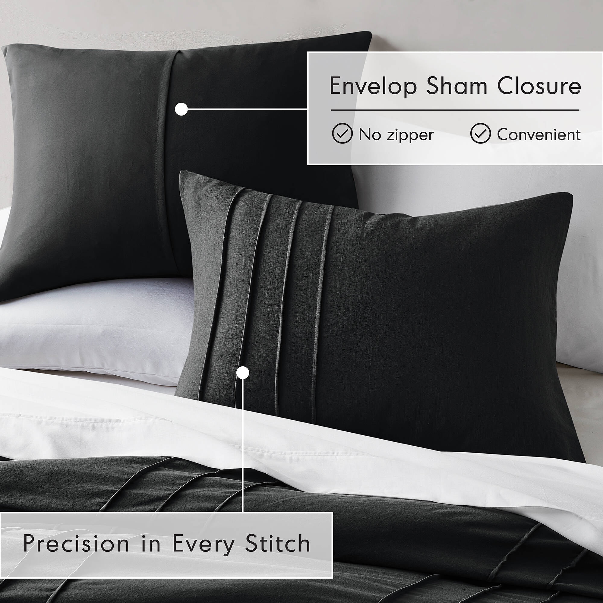 Regency Heights Twin/Twin XL Comforter Set, Boho 2-Piece Pintuck Stitching Dorm Bedding Set, Soft Washed Pleated Bed Sets with Pillow Sham Black