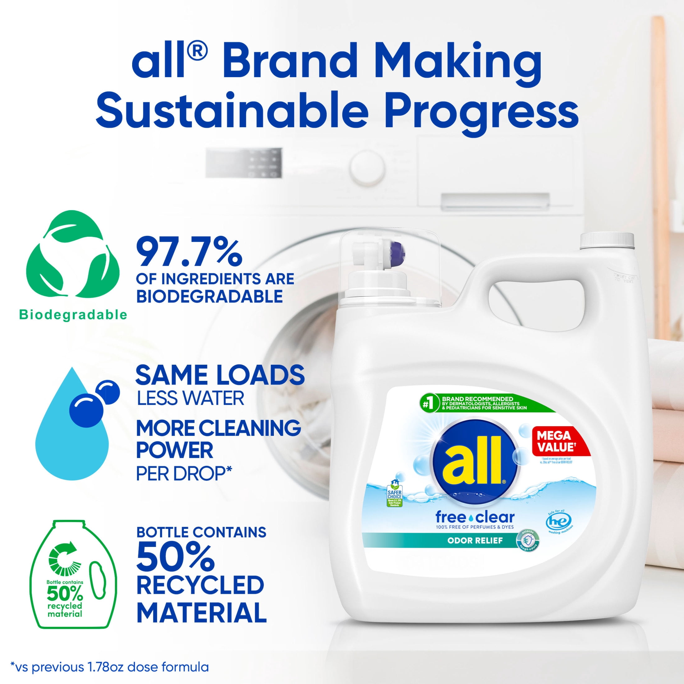 all Free Clear Liquid Laundry Detergent, Odor Relief, 118 oz, 79 Loads