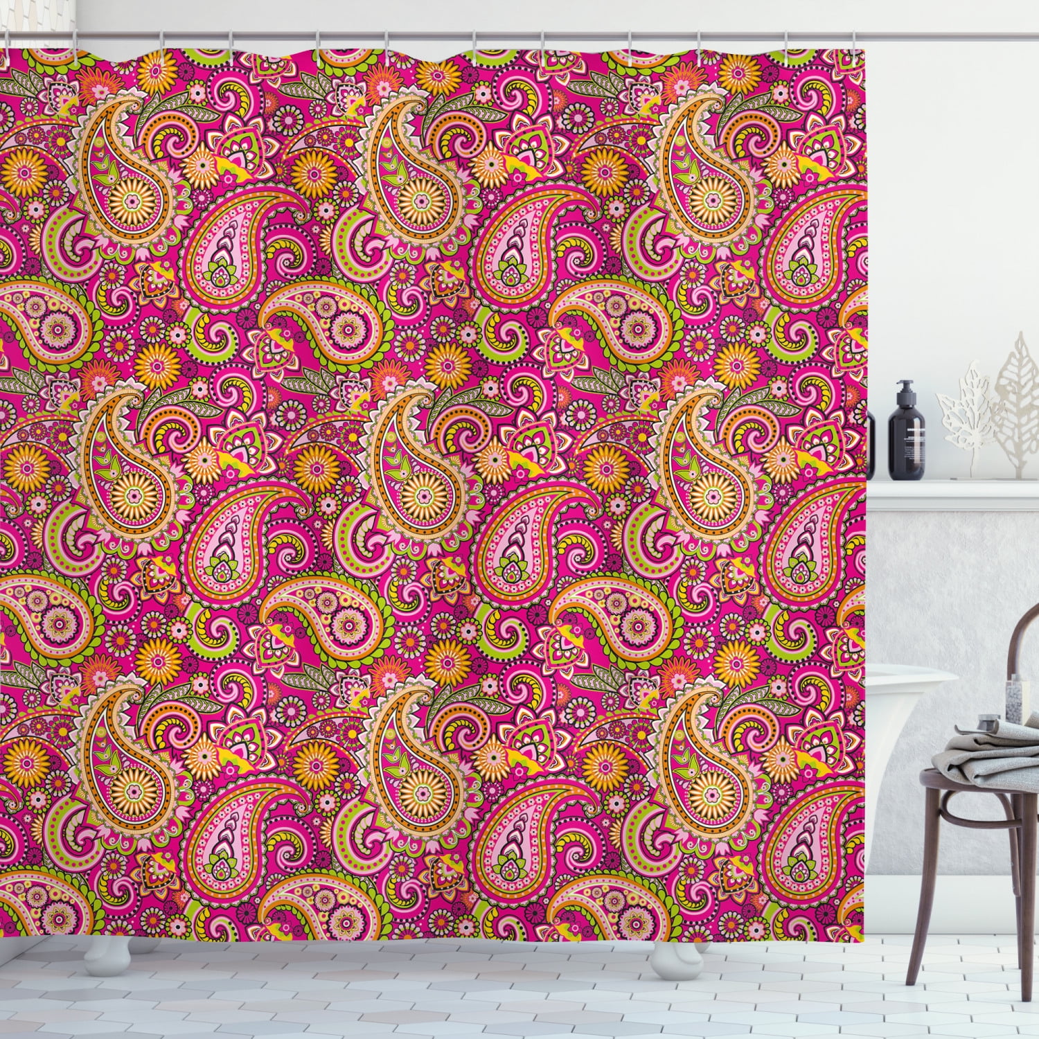 Paisley Decor Shower Curtain, Vivid Design with Flowers Dots Leaves and ...