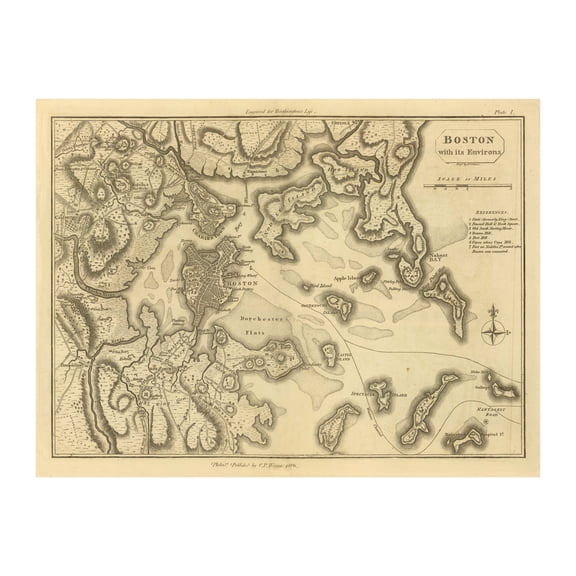 Boston Art, 1807 Vintage Map of Boston Massachusetts, MA History Wall Decor Gift, Old Boston Map - 36" x 24" Unframed Print