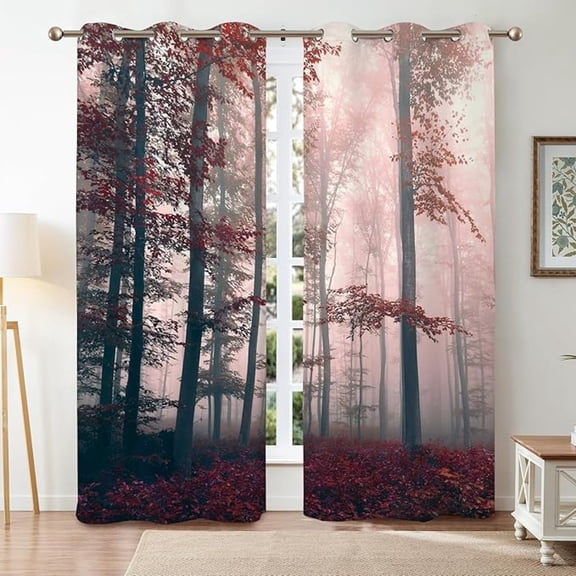 Misty Forest Blackout Curtains Nature Scenery Design Curtain Foggy Forest Landscape Bedroom Curtains Woodland Jungle Bushes Grommet Window Drapes For Living Room 53"W x 96"L (Pack of 2)