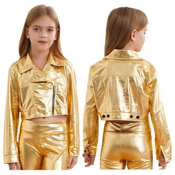 Doomiva Kids Girls Metallic Motorcycle PU Jacket Sparkly Zip Up Moto Biker Coat Outwear Boys Dancewear Streetwear Gold 8