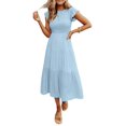 thumbnail image 1 of Robe Midi d'Été Décontractée à Manches Courtes Col Rond Taille Élastique Smockée à Volants pour Femmes, 1 of 4