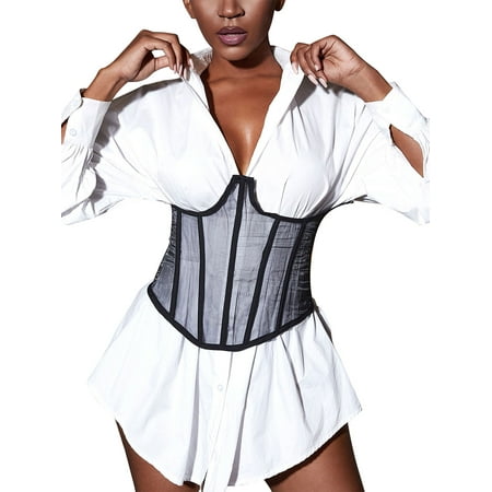 

Nokpsedcb Women Waist Trainer Corset Lady Solid Sheer Back Tie Tunic Top Girl Streetwear Black L
