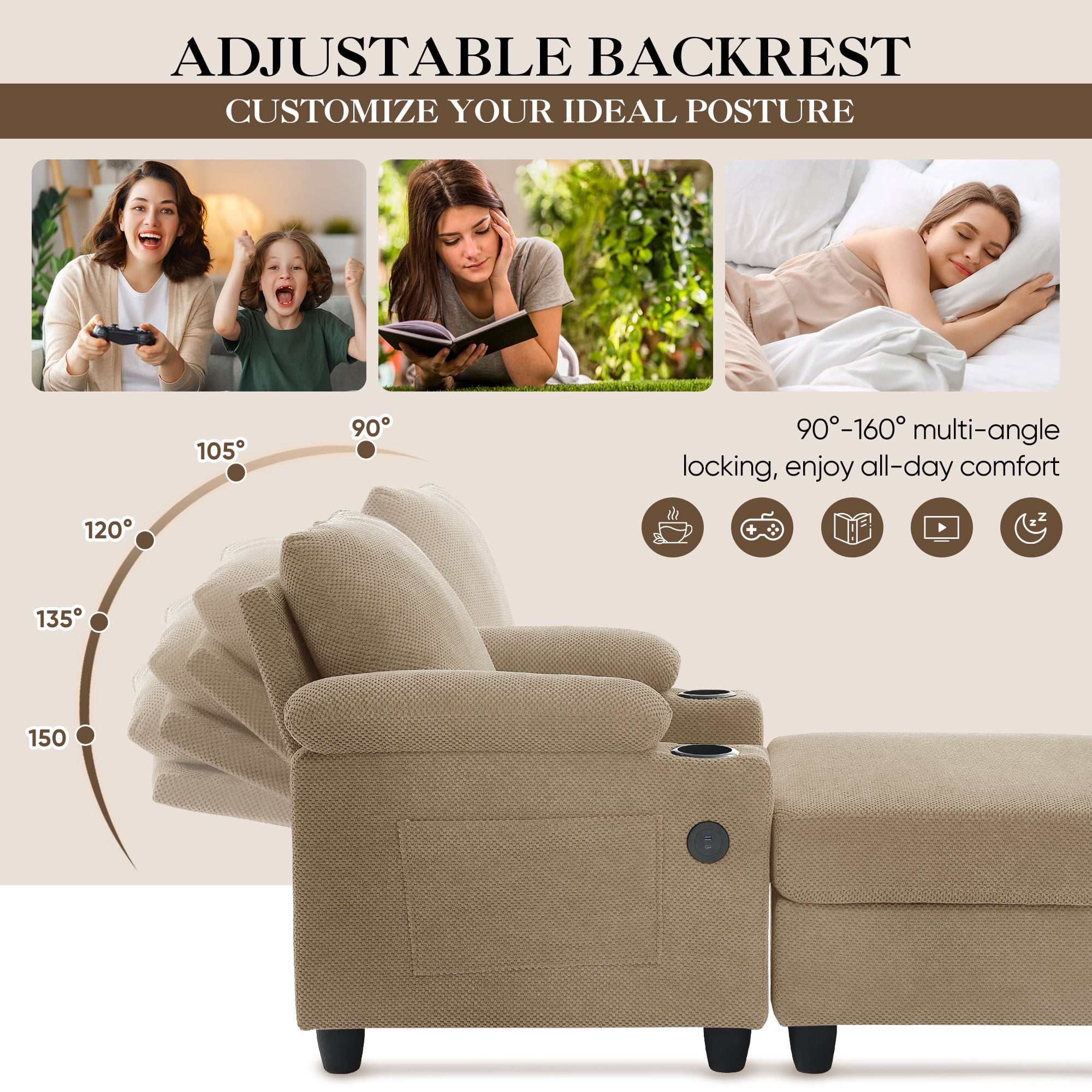 Lunale Accent Chair with Storage Ottoman & Adjustable Backrest, Chaise Lounge Chair Indoor with USB, Living Room Reading Armchair, Camel