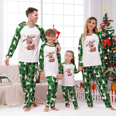 

Family Matching Pajamas Christmas Elk Print Top and Plaid Pants Jammies Sleepwear for Adults Kids Baby Holiday Pjs Set Christmas Pajamas Set Guvpev