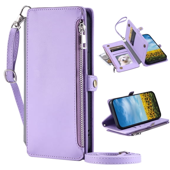 Dteck for Samsung Galaxy S26 Case Wallet with Card Holder, Women Men PU Leather Flip Cover Wrist Strap Zipper Credit Card Slots, Crossbody Wallet Phone Case for Samsung Galaxy S26,Purple