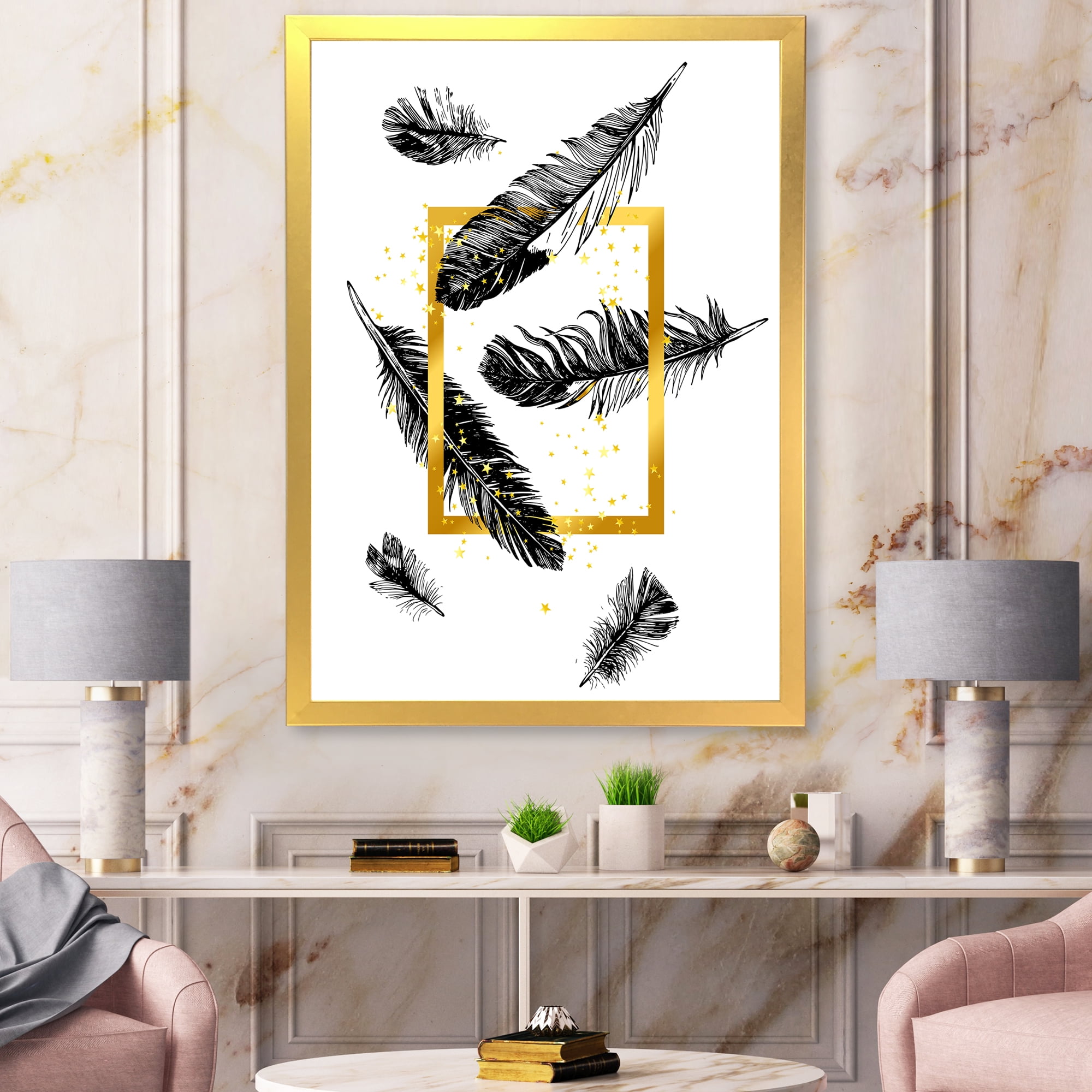 Designart 'Feathers and Golden Frame' Bohemian & Eclectic Framed Art Print