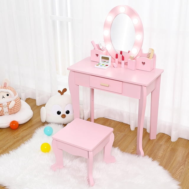 QinaQin Tocador infantil con espejo y luz, mesa de maquillaje con banco para niñas, juego de madera para juego simbólico, ideal para edades de 4 a 9 años