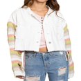 thumbnail image 3 of Women Denim Patchwork Jacket Button Down Distressed Cropped Denim Jacket Striped Pattern Long Sleeve with Pockets Streetwear, 3 of 8