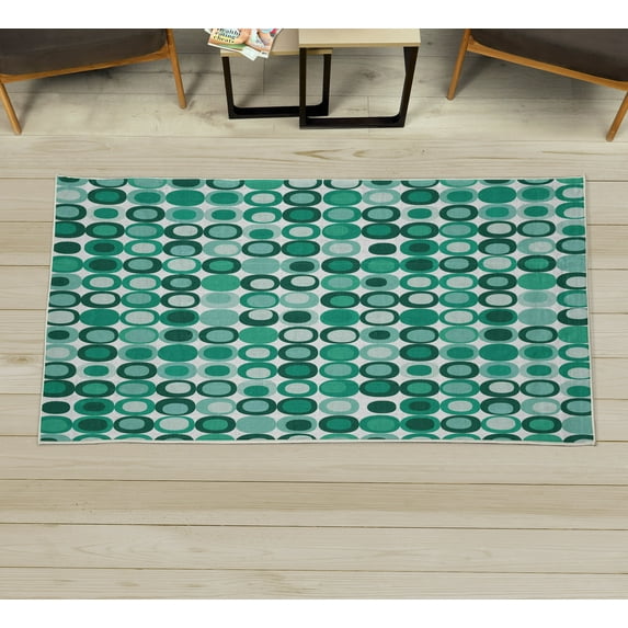Mid Century Decorative Rug, Retro-Themed Styled Round Edged Mosaic Inspired Repeated Square Motif, Quality Carpet for Bedroom Dorm and Living Room, 6 Sizes, Jade Green, by Ambesonne