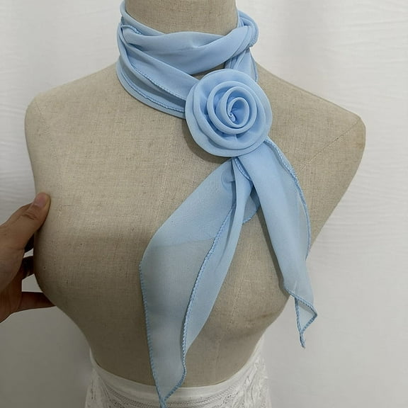 ERDOUY elegant and personalized scarf, long small scarf with rose buckle collar decoration, artistic style dressing scarf (light blue)