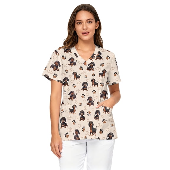 Binienty Nursing Top with Pockets for Women, Stretchy Comfortable V Neck Scrub Top Breathable, for Nurses Dachshunds
