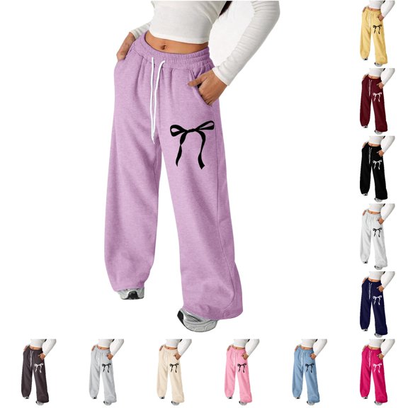 PMVFHDE Girls Bowknot Baggy Sweatpants Lightweight Straight Leg Athletic Pants With Pockets Purple,160