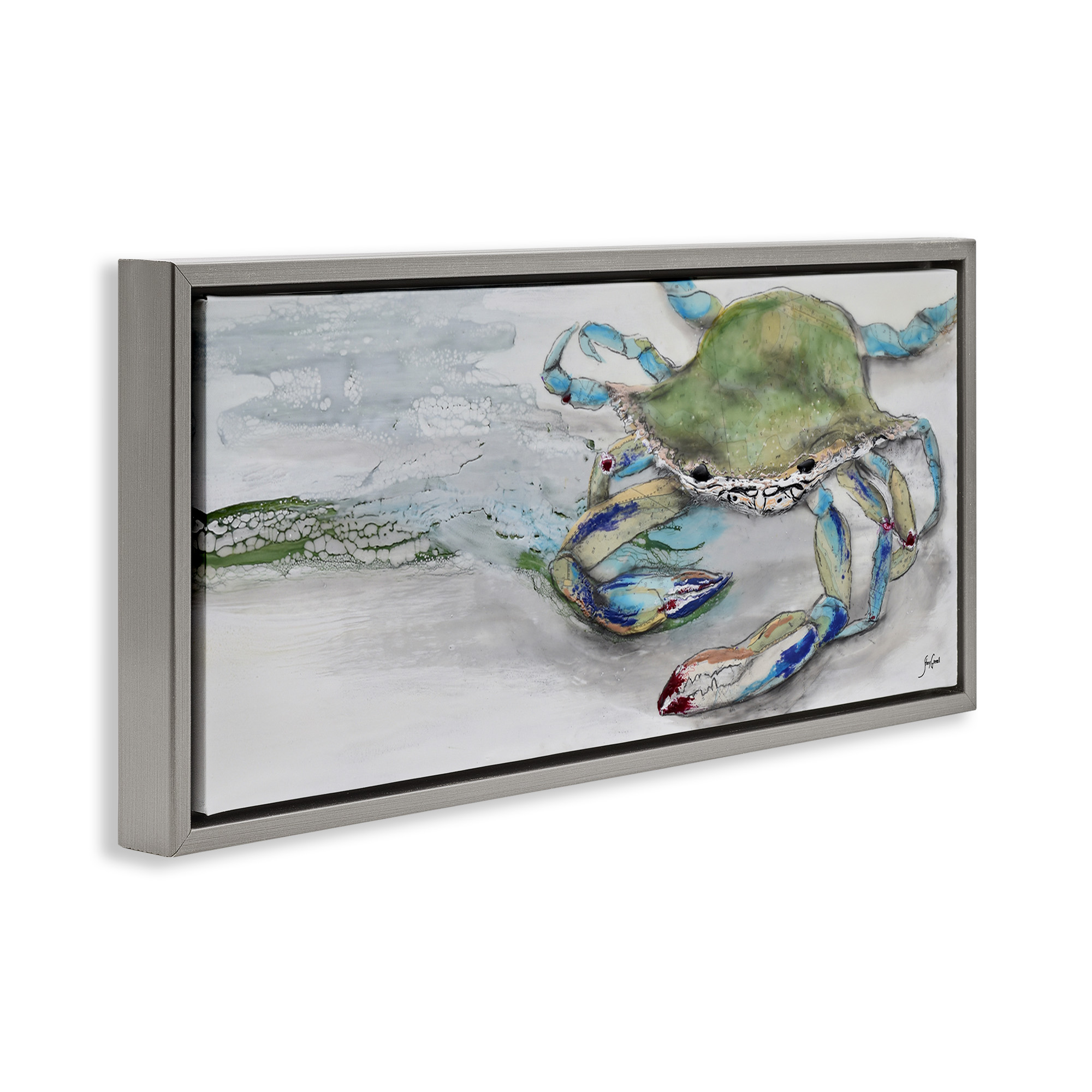 Stupell Industries Vivid Crab on Beach Shoreline Animals & Insects Painting Gray Floater Framed Canvas Art Print Wall Art, 25 x 11