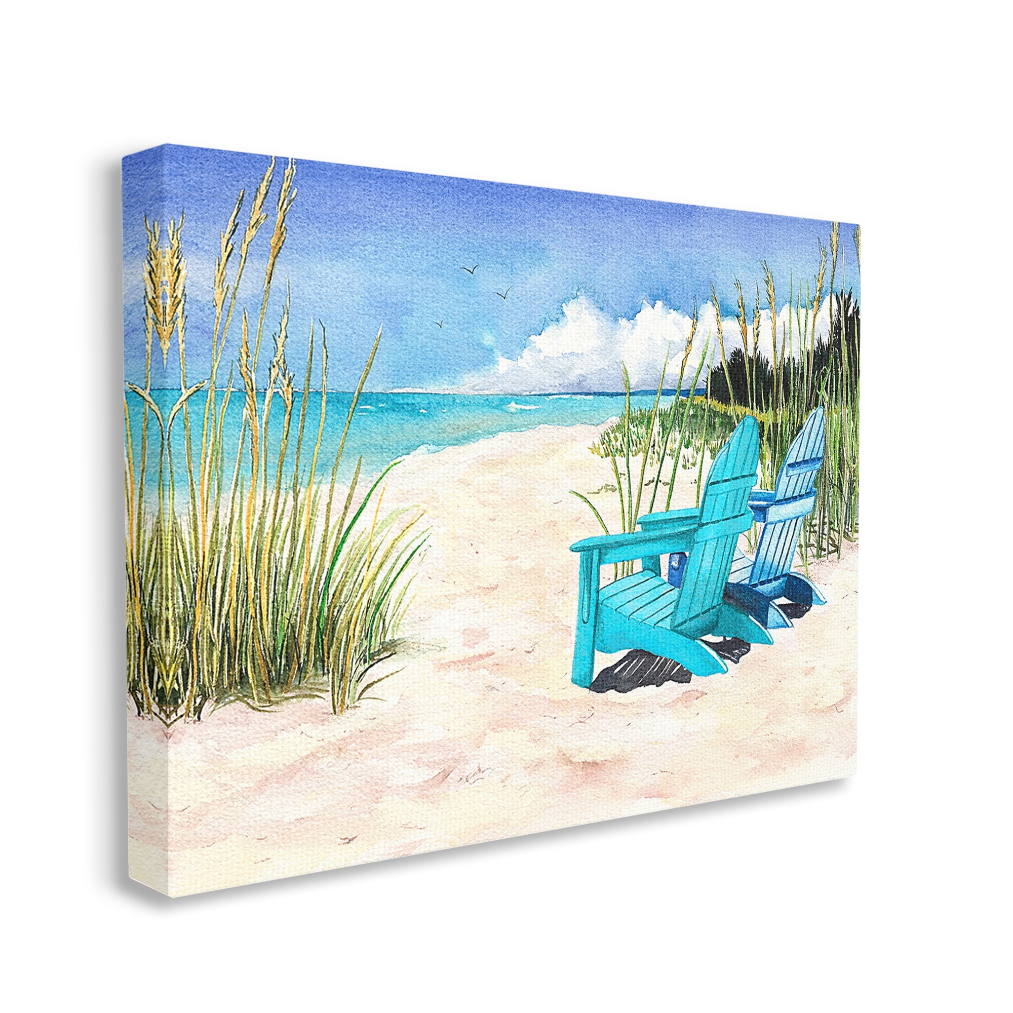 Stupell Industries Blue Beach Chairs Scene Landscape Painting Gallery Wrapped Canvas Art Print Wall Art, 20 x 16