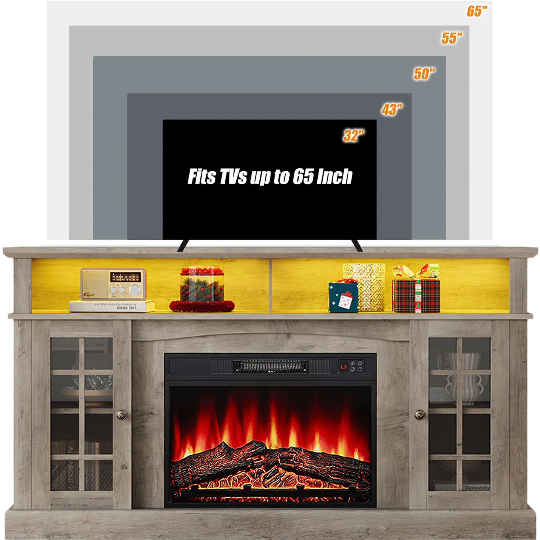 SESSLIFE Fireplace TV Stand for 65 Inch TV, LED TV Console with 23''Electric Fireplace, Entertainment Center Television Table for Living Room or Bedroom, Wash Gray