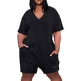 thumbnail image 3 of Gibobby pantalones siameses Mono informal de manga corta para mujer, de talla grande, con cuello en V, pantalones cortos de pierna ancha de verano, mono con bolsillo(Negro， XXXXL), 3 of 5