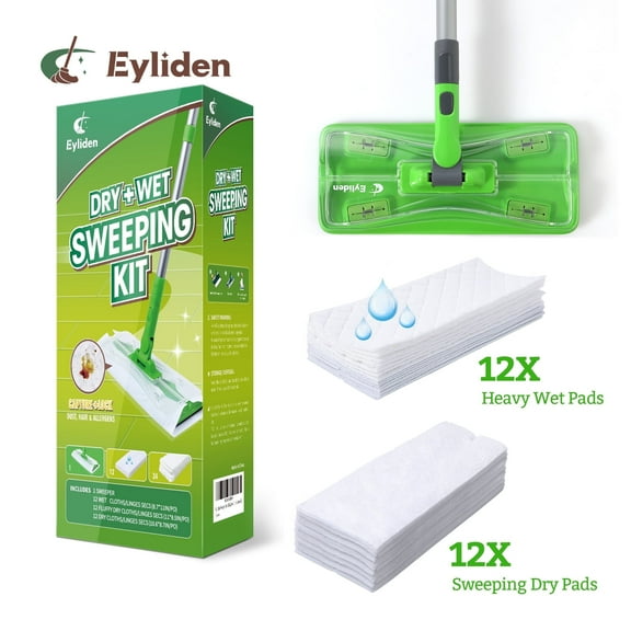 Eyliden Wet and Dry Starter Mop Kit, Sweep for Hardwood Floors, Disposable Dust Pads 24 refills