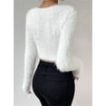 thumbnail image 4 of Female'S Fuzzy Long Sleeve V Neck Crop Sweater Casual Plain Slim Fit Warm Knitwear Sweater Pullovers White S, 4 of 7