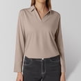 thumbnail image 1 of MHFRRA Camiseta de Manga Larga con Cuello En V y Solapa para Mujer, Color Liso, Talla 4 Caqui, 1 of 3