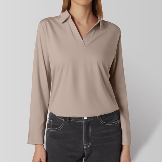 MHFRRA Camiseta de Manga Larga con Cuello En V y Solapa para Mujer, Color Liso, Talla 4 Caqui
