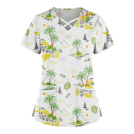 

Apepal Plus Size Cute Printed Scrub Working Uniform Scrub Tops for Women Cross V-Neck Short Sleeve Fun T-shirt Tee with Pockets