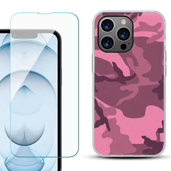Slim-Fit Gel TPU Phone Case for iPhone 13 Pro Max, with Tempered Glass Screen Protector, by OneToughShield ® - Camo Pink