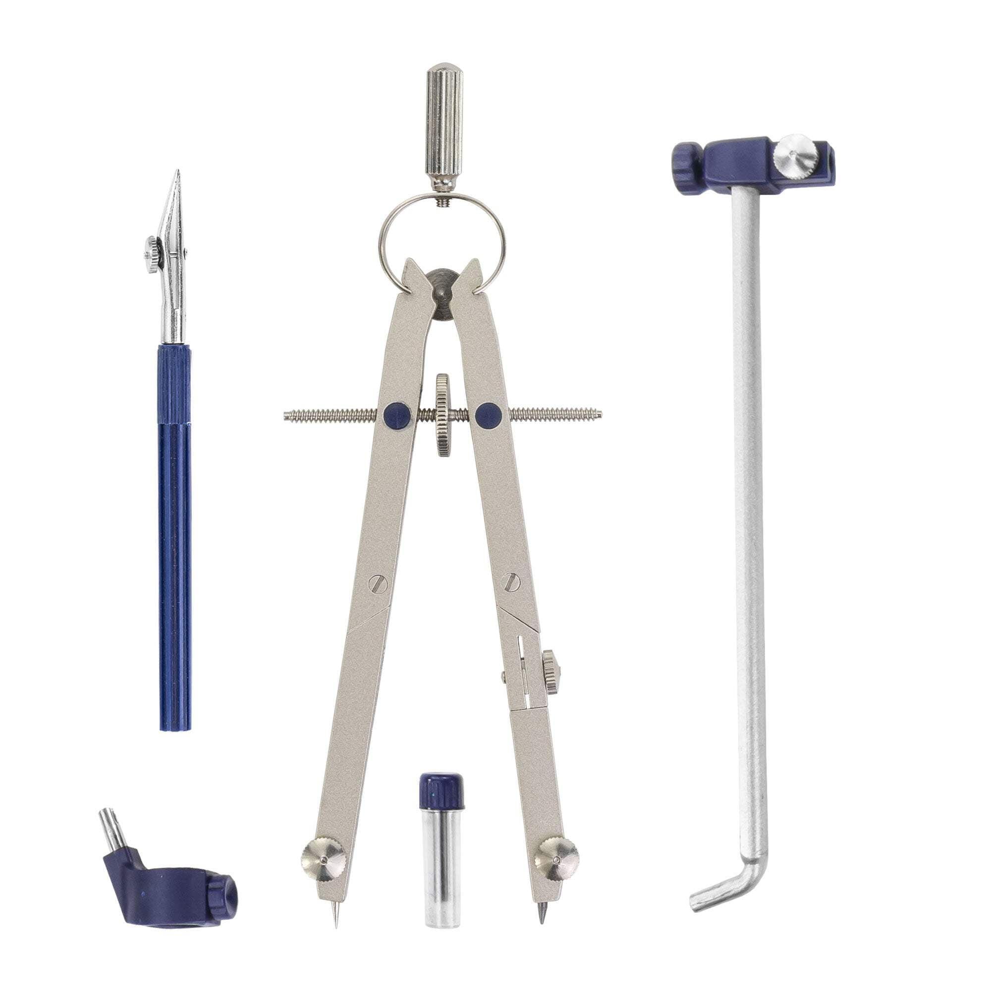 Pacific Arc, Spring Bow Compass with Extension bar, ruling Pen, 6 inch Divider, Universal Adaptor, 6 inch Break Leg, and Replacement Lead.
