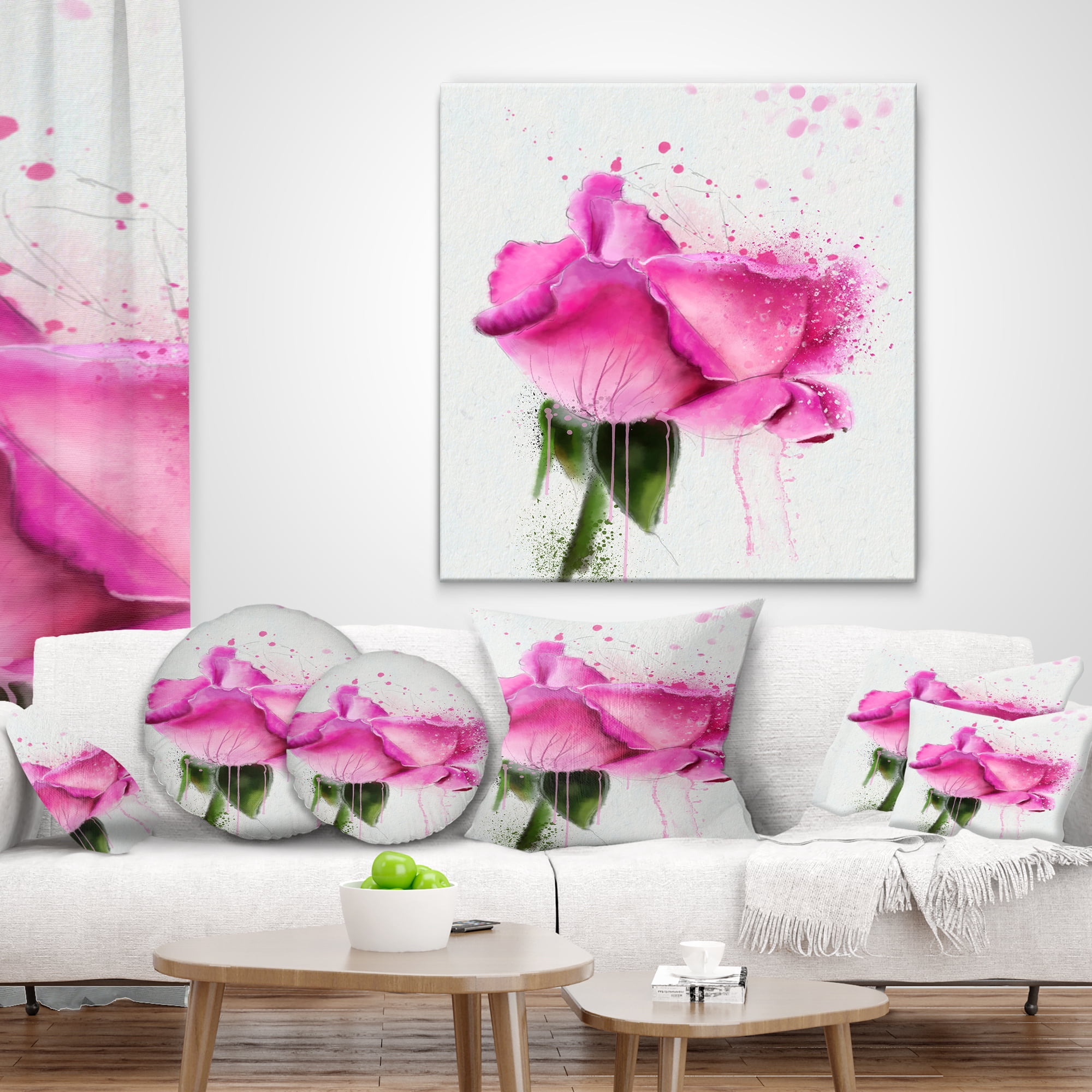 Designart Beautiful Pink Rose Watercolor - Floral Throw Pillow - 12x20
