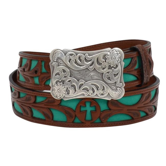 Angel Ranch Western Womens Belt Leather Turquoise Slab Conchos Brown DA6264