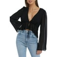 thumbnail image 2 of Roaso Women's Deep V Neck Crop Top Chiffon Ruffle Hem Blouse See Through Tie Front Shirt, 2 of 6