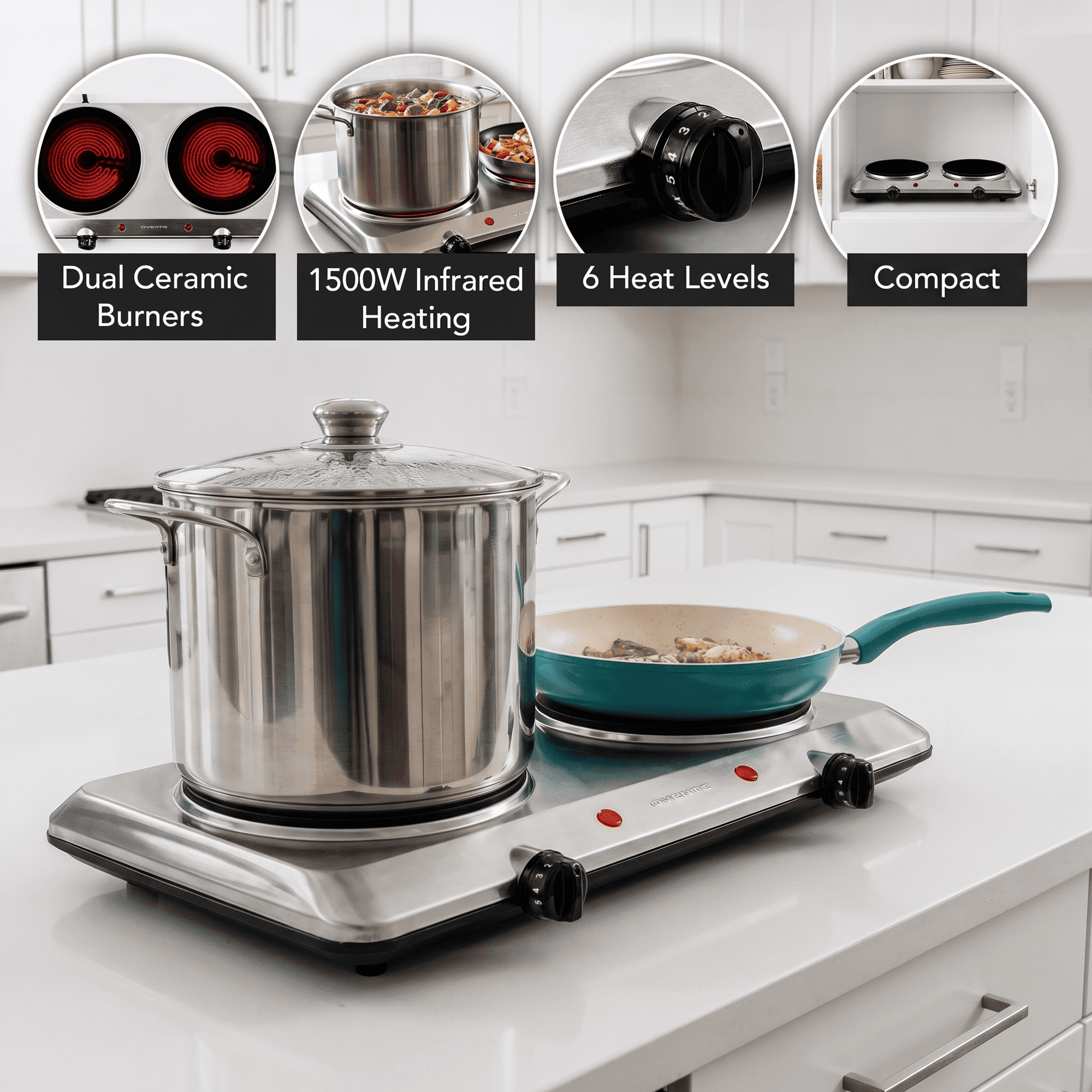 OVENTE Electric Infrared Double Burner, 6 Heat Levels, Silver BGI202S | 1500W Hot Plate w/ 7.5” Ceramic Glass Cooktop, Easy to Clean Stainless Steel Base, Compact Stove for Home, Dorm, Office