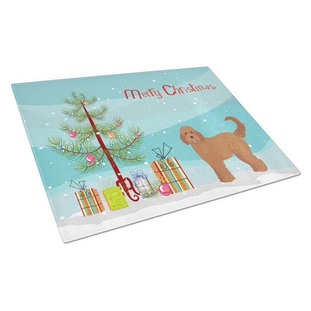Carolines Treasures CK3839LCB Tan Goldendoodle Christmas Tree Glass Cutting Board - Large