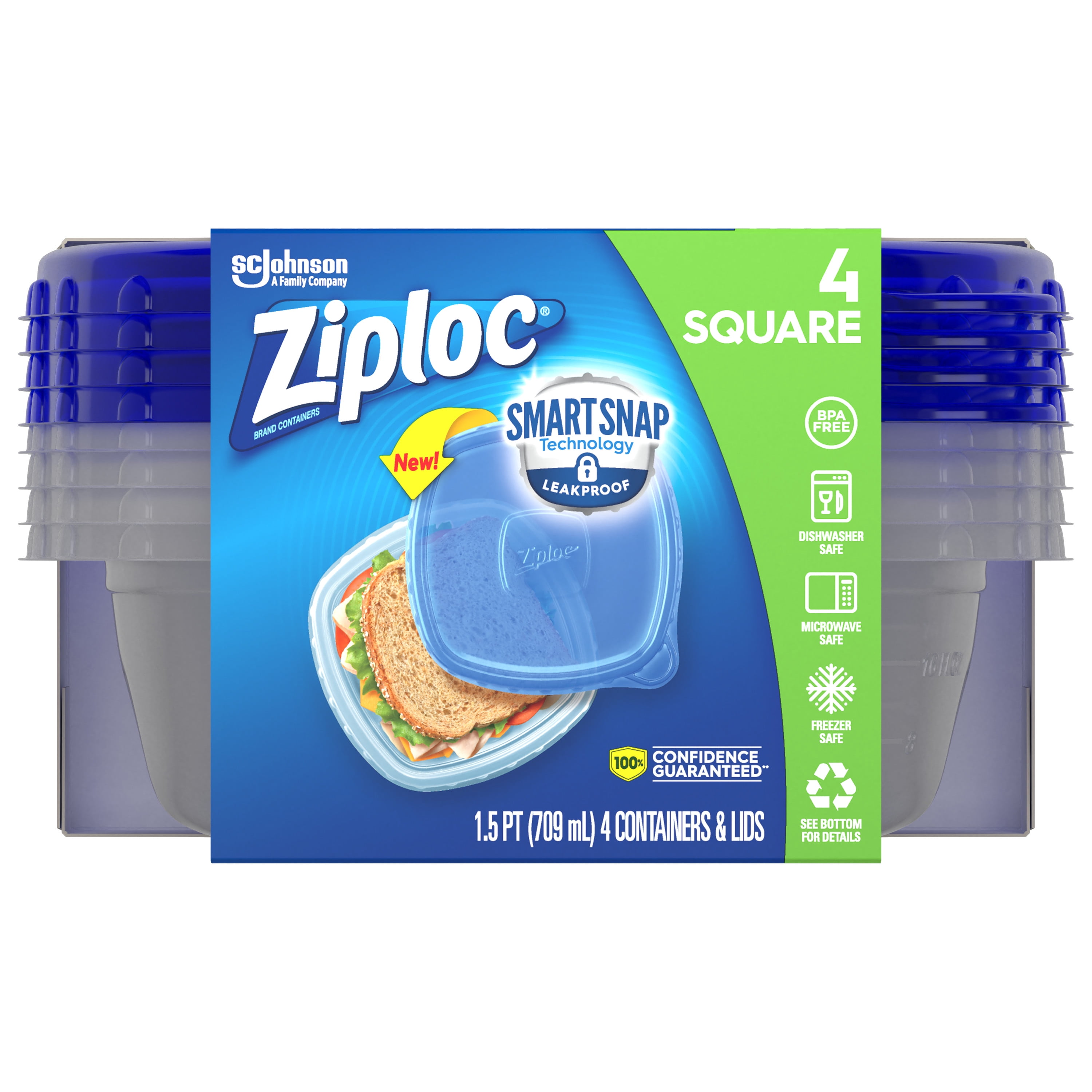 Ziploc 4 Ct Small Square Container 8 Oz Each One Press Seal Plastic Storage Container Walmart Com Walmart Com