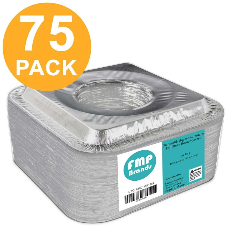 FMP Brands [75 Pack] 8.5 inch Aluminum Foil Stove Burner Covers - Disposable Square Oven Liner for Kitchen Stovetop, Oil Drip Pans, Electri, Aluminum