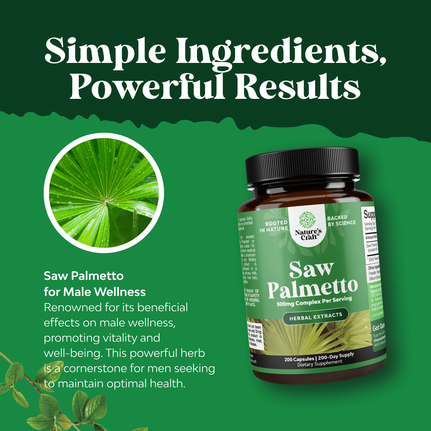 Natures Craft Extra Strength 500mg Saw Palmetto Complex, Prostate and Urinary Support, 200 Capsules