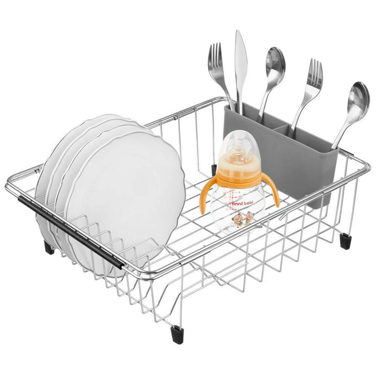 ACMETOP Dish Drying Rack, Expandable Large Dish Rack for Kitchen Counter, Rustproof  Dish Dryer Rack with Drainboard, Cutlery & Cup Holders, Dish Drainer for  Dishes, Knives, Spoon, Silver 
