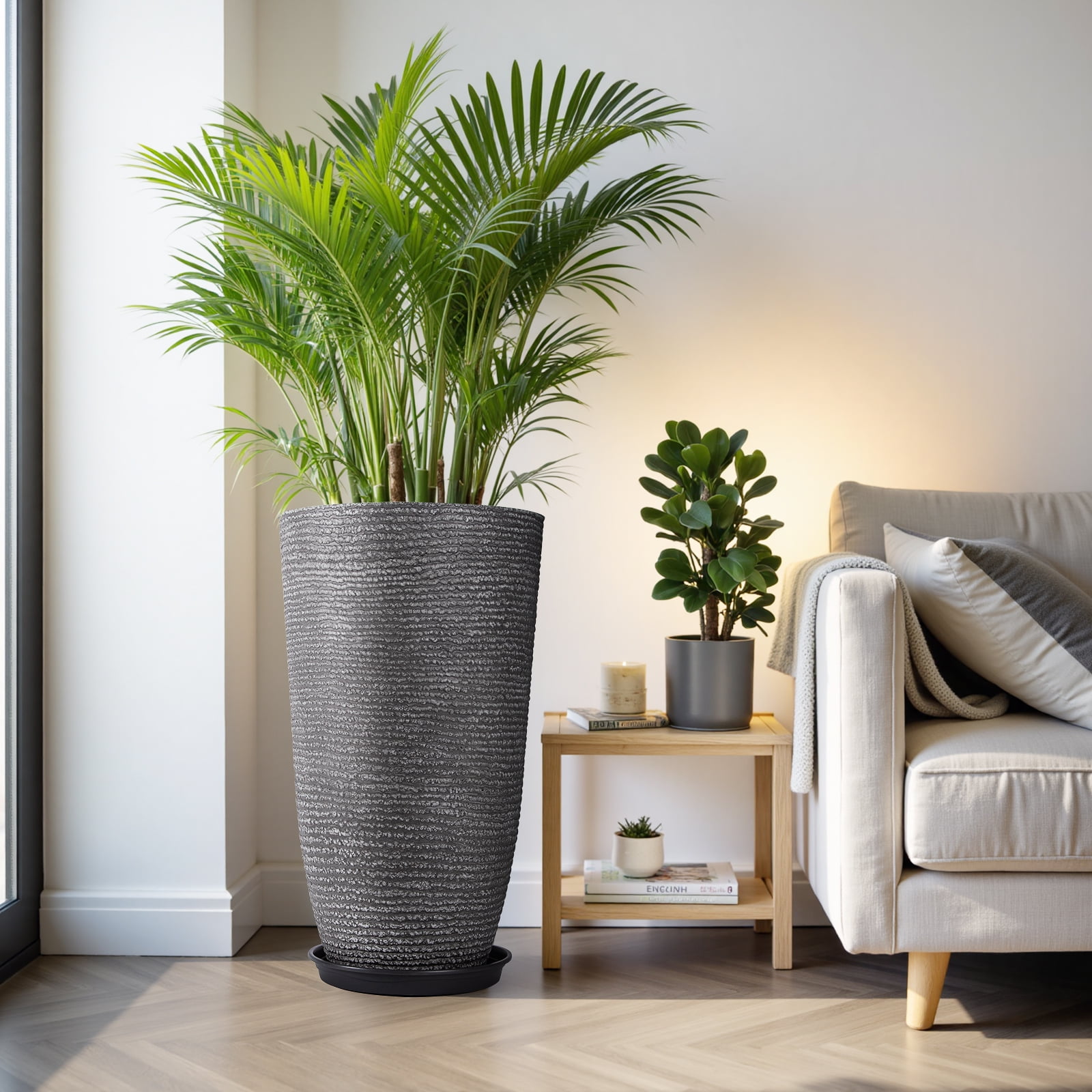 QCQHDU 21 inch Tall Planters with Saucer,2 Pack 9 Gallon Stone Round Pots for Indoor Plants,Outdoor Patio & Porch Decor, Heavy Duty Weatherproof Plant Containers,Dark Gray