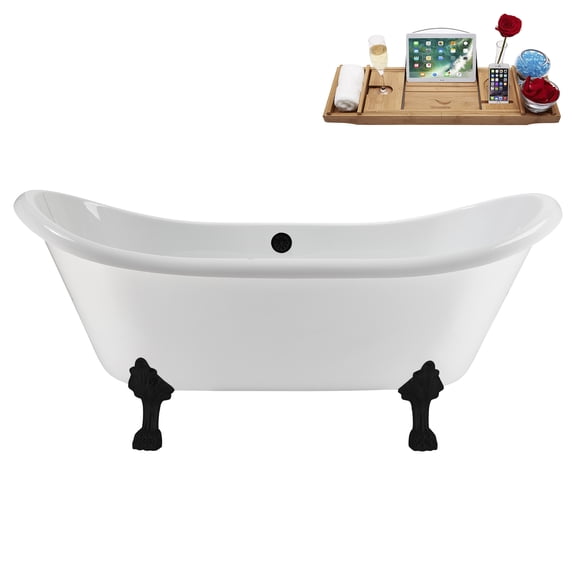 71" Streamline N5100BL-BL Soaking Clawfoot Tub and Tray With External Drain in Matte Black and Matte Black Clawfeet