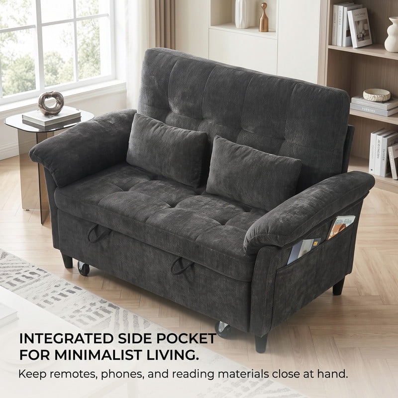 Gewnee 58" Convertible Sofa Bed, Loveseat Sleeper Sofa with USB Ports, Side Table& 6-in-1 Adjustable Backrest, Pull Out Sofa with Pillows for Small Spaces,Chenille(Black)