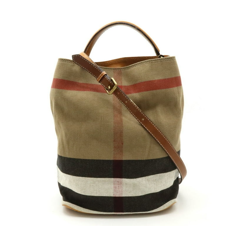 Pre Owned BURBERRY THE MEDIUM ASHBY Check pattern bucket shaped shoulder bag handbag canvas khaki brown 3945728 Good Walmart