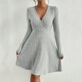 thumbnail image 2 of CharmCyan Long Sleeve V Neck Ribbed Knit Dress for Women A Line Silhouette Soft Fabric Pullover Design Casual Wear Light Gray M, 2 of 5