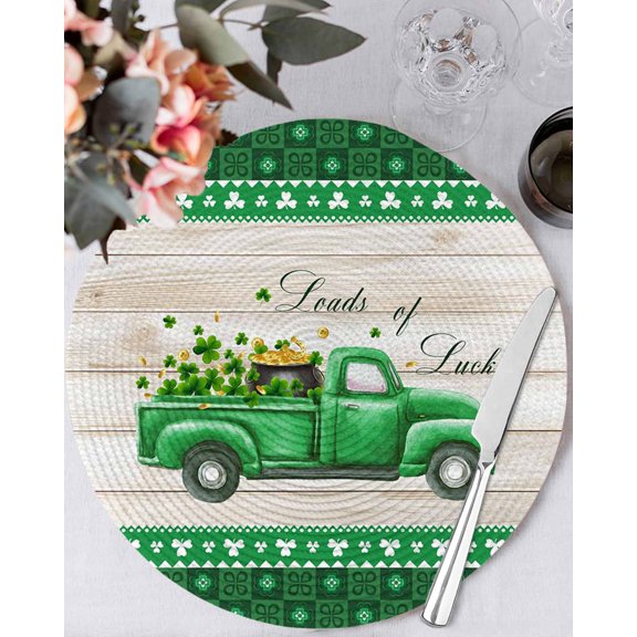 13 Inch Round Placemats Set of 4, Saint Patrick's Day Non Slip Heat Insulation PP Table Mats, Luck Leaves Car Grey Wooden Plaid Washable Place Mats for Kitchen Dining Party Table Decor