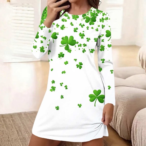 Sakmal St Patrick's Day Womens Moomoo Nightgowns Lightweight Long Sleeve Nightwear Shamrock Print Short Womens Nightgown L