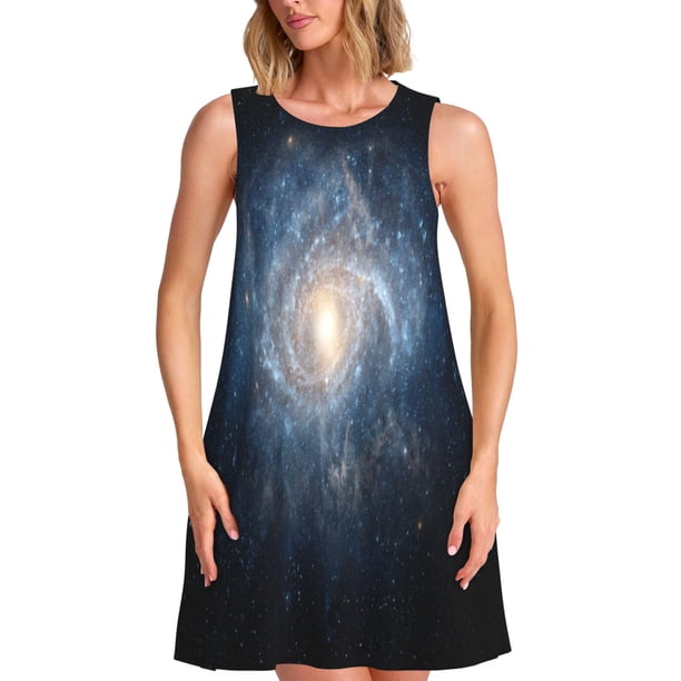 Fotbe The Galaxy Vestido de Verano sin Mangas para Mujer – Vestido Midi Línea A, Estilo Camiseta Floral, Vestido Playero Casual y Fluido